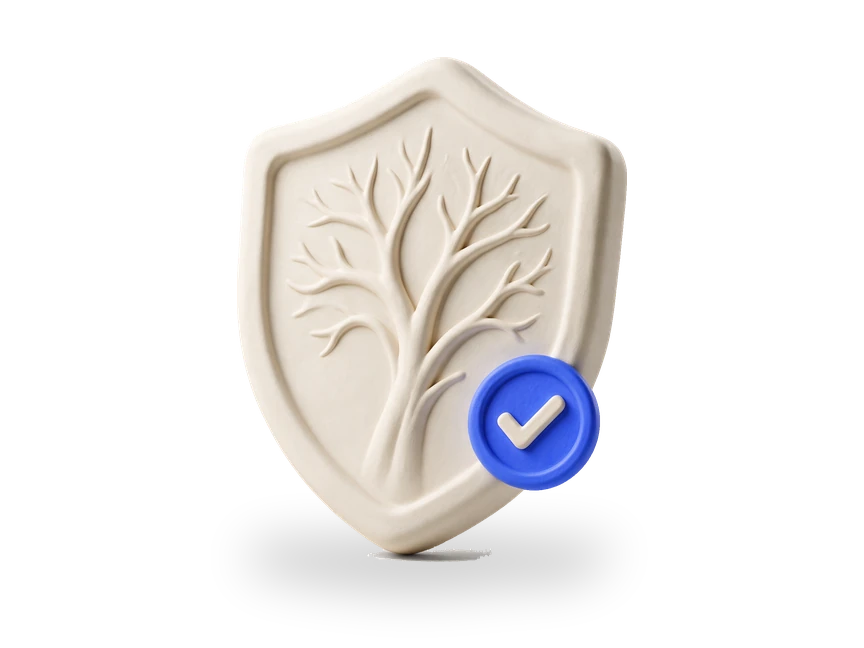 A shield carrying a vessel tree, with a check mark set into its lower edge.